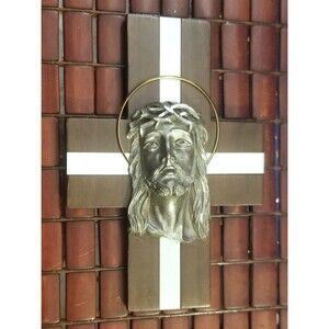 Vintage Crucifix Bust Of Jesus On Cross Pewter w/ Brass Halo 11.25"x7.75"